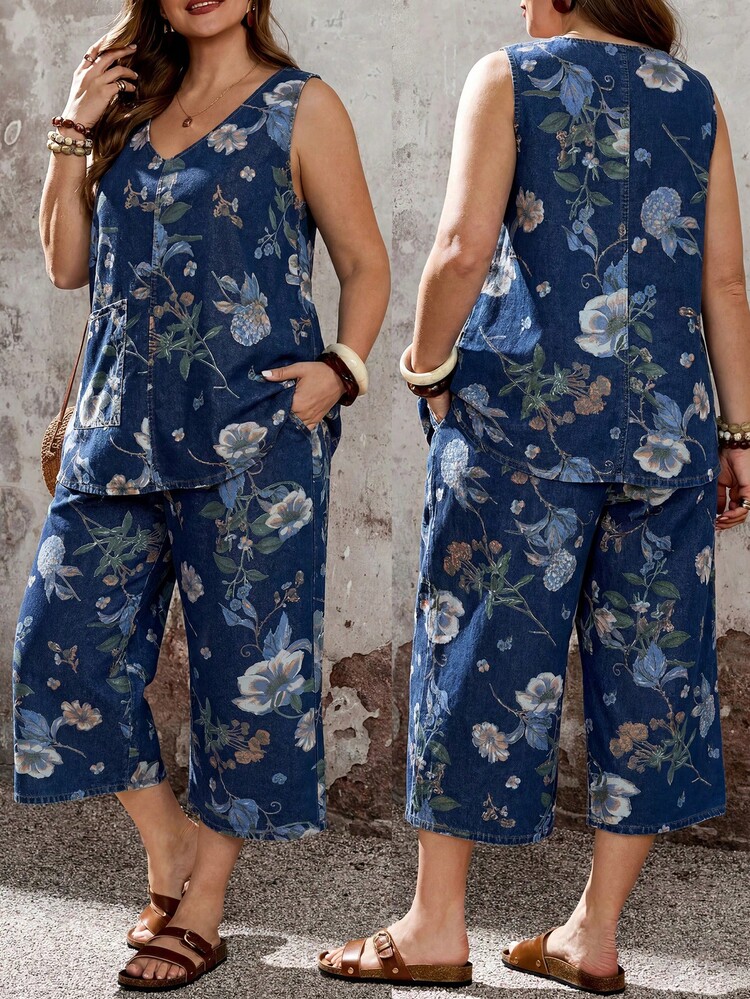 EMERY ROSE EMERY ROSE Set Atasan dan Celana Motif Bunga Ukuran Besar untuk Wanita, Kasual untuk Sehari-hari, Festival Musim Panas, Piala Dunia, Pantai, Wisuda, Jalan-jalan, Liburan Kasual Elegan, dan Bisnis. - Biru - View 8