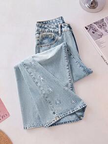 GlowEve Women's Casual Washed Floral Embroidered Wide Leg Jeans - Blue - View 4