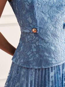 BELROSIE Elegant Intellectual Sleeveless Lace Top And Pleated Skirt 2 Pieces Set For Women Party Navy Blue Summer - Blue - View 2