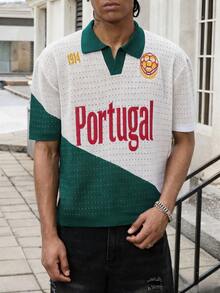 GALLERY FADE Top de punto con bloques de color, patchwork e impresión de letras para hombre - Verde Oscuro - Ver 6