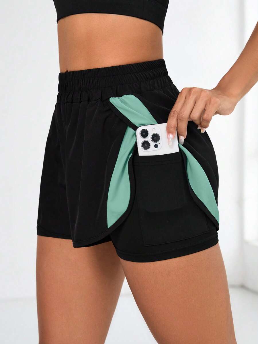 Gameset SHEIN Sport 女款 2 合 1 對比色口袋運動短褲 - 彩色 - 查看 1