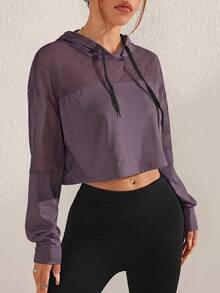SHEIN Sovereign Charm 女款純色長袖抽繩連帽運動運動衫 - 淺灰紫 - 查看 5
