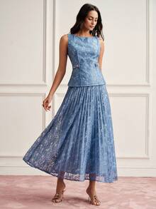 BELROSIE Elegant Intellectual Sleeveless Lace Top And Pleated Skirt 2 Pieces Set For Women Party Navy Blue Summer - Blue - View 7