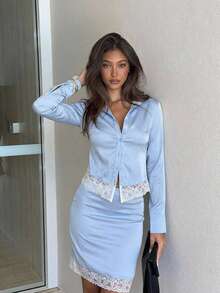 Siren Gaze Autumn Summer Women Satin Blue Lace Trim Blouse Top Low Rise Skirt 2 Pieces Set Party Wedding Going Out Elegant Casual Holiday Formal Back To School - Blue - View 3