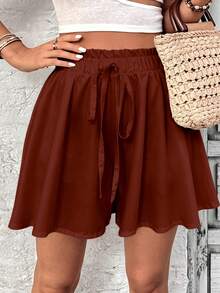 EMERY ROSE Plus Size Solid Rust Brown Paperbag Drawstring High Waist Flowy A-Line Ruffle Hem Skort Women Summer Casual Wide Leg Shorts - Multicolor - View 4