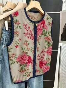 Linhara Plus Size Women's Spring/Autumn Casual Style, Minimalist Versatile Retro Style, Full Floral Random Print Contrast Color Round Neck Single-Breasted Loose Knit Vest, Suitable For Spring/Autumn Wear - Multicolor - View 6