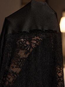 SilkySpell Plus Size Hollow Back Lace Trim Patchwork High Elastic Satin Sexy Jumpsuit - Black - View 3