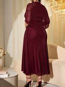 Modelyn Elegant Mesh Shiny Fabric Strapless Shawl Sleeve Slim Fit Regular Spring/Autumn Plus Size Dress - Burgundy - View 2