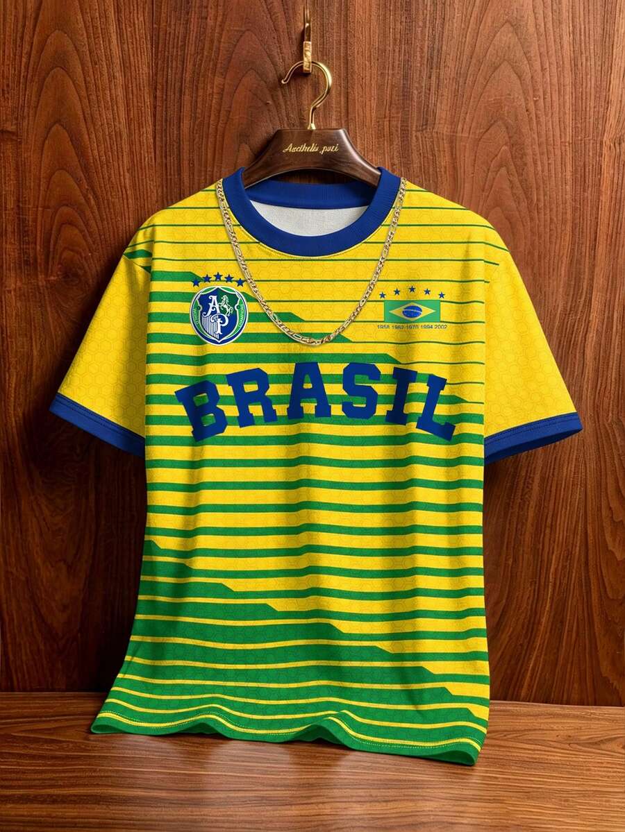 Aesthetic Post 男士黃綠條紋 BRASIL 字母印花運動 T 恤,球迷休閒上衣,適合戶外旅行、聚會、足球支持者世界盃、度假 - 彩色 - 查看 1