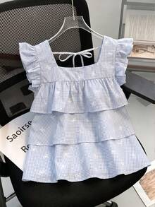 SHEIN Franclia 2026夏季新款女式蓝色格纹蝴蝶结印花层叠衬衫，方领荷叶袖系带露背荷叶边上衣，可爱Y2K娃娃款露脐上衣，适合度假日常休闲穿着 - 彩色 - 查看 1