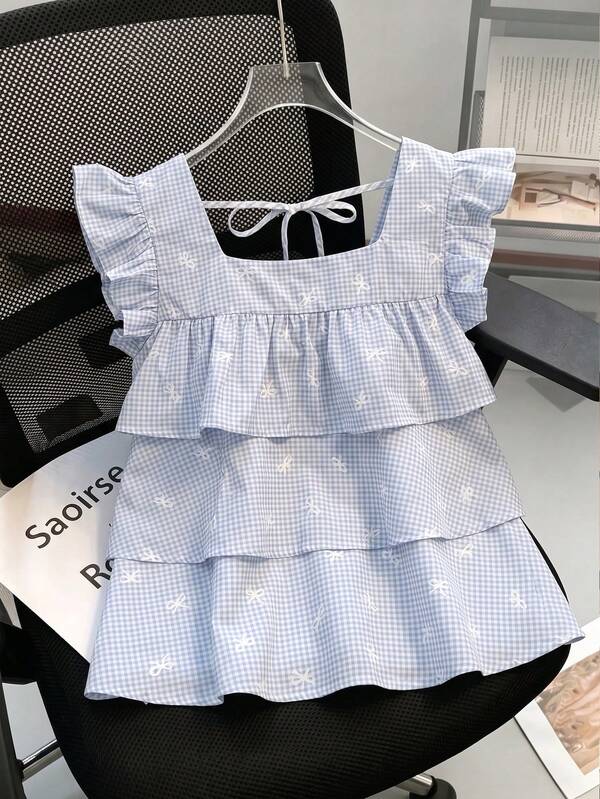 SHEIN Franclia Women Blue And White Gingham Bow Print Tiered Blouse,Square Neck Ruffle Sleeve Tie Back Peplum Top,Cute Summer Y2K Baby Doll Crop Tops For Picnic