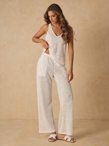 HautHeat Women's Solid Color Tank Top & Long Pants Loungewear Set - White - View 5