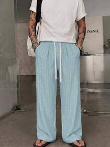 STEELVANCE Men's Casual Striped Drawstring Waist Loose Fit Long Pants With Pockets - Cadet Blue - View 3