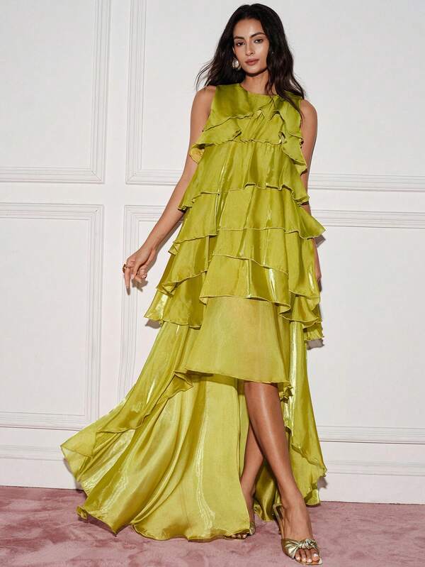 BELROSIE Elegant Multi-Layer Round Neck Asymmetrical Lily Satin Floor-Length Dress For Women