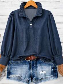 Linhara Plus Size Women's Casual Spring/Autumn Blouse, Minimalist Versatile Retro Style, Solid Color Lapel Loose Fit Shirt, Suitable For Spring/Autumn Wear - Blue - View 5
