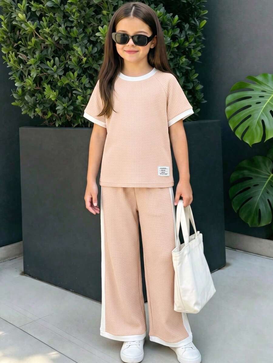 Elladie kids Jungmädchen Frühling/Sommer Lässig Mode Neues T-Shirt Set, geripptes Rundhals Raglanärmel T-Shirt Top mit einfarbiger lässiger langer Hose 2-teiliges Set, geeignet für Kleine Mädchen, amerikanischer Vintage, Premium minimalistisch, lässig bequem süß cool Outfit, geeignet für tägliches Tragen, Schule, Ausflüge, Urlaub, Sport, Partys, Feiertage, Frühling/Sommer - Aprikosenfarben - Übersicht 1