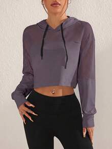 SHEIN Sovereign Charm 女款純色長袖抽繩連帽運動運動衫 - 淺灰紫 - 查看 4