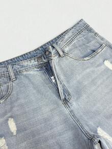 Manfinity Roghcode Men's Summer Light Wash Blue Distressed Denim Long Pants Street Loose Fit - Light Wash - View 8