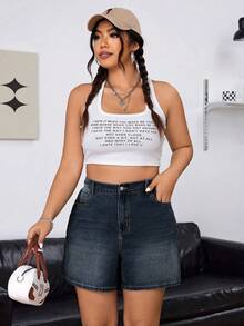 SHEIN ICON 大码女式高腰口袋休闲百搭牛仔短裤 - 深色水洗藍 - 查看 7