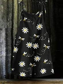 Linhara 大尺碼女款簡約休閒百搭雛菊印花連身短褲 - 黑色 - 查看 4
