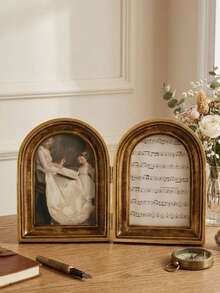 Cirelle 1pc Vintage Double Picture Frame - Folding Arch Photo Frame With Distressed Gold Finish, Retro Resin Art Display Ornaments For Tabletop, Antique French Country Home Decor - gold - View 3
