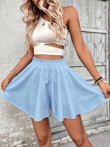EMERY ROSE Plus Size Light Blue Solid Paperbag Ruffle Waist Drawstring Elastic Flowy A-Line Skort Wavy Hem Wide Leg Summer Casual Shorts - Multicolor - View 3