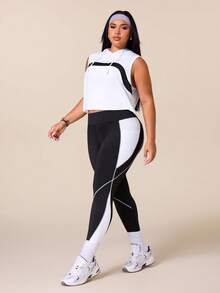 SHEIN Rhythm Era 女款運動瑜珈戶外健身運動套裝，抽繩連帽無袖寬鬆運動衫，胸前弧形對比色設計，緊身運動褲配條紋與色塊對比 - 彩色 - 查看 8