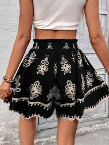 EMERY ROSE Plus Size Black Base White Boho Floral Tile Print Paperbag Drawstring Elastic High Waist Lightweight A Line Skort Women Summer Daily Wide Leg Shorts - Multicolor - View 2