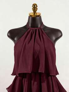 SaltGleam SaltGleam Women's Summer Elegant Solid Color Backless Halter Mini Dress - Burgundy - View 5