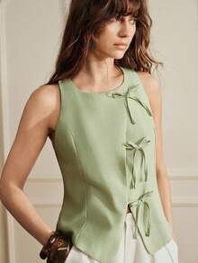 Pariaura Cool Zen Aesthetic Romantic Elegant Light Green Tie-Strap Sleeveless Women's Top Vacation Summer - Green - View 7
