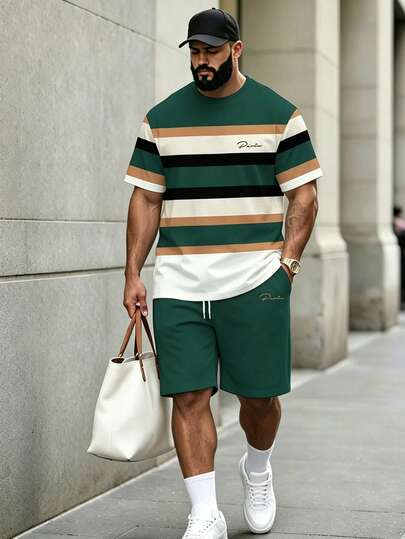 KRYTIVO Plus Size Graffiti Set For Men, Green Emerald Green Contrast King Print Short Sleeve Shorts 2-Piece Set, Loose Fit Slimming American Street Casual