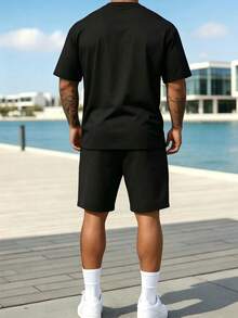 Gym Rark 2 Pieces Men's Summer Short Sleeved Set, Casual Sports Round Neck T-Shirt+Shorts Set, Fashionable Hen - Black - View 2