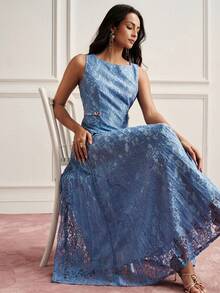 BELROSIE Elegant Intellectual Sleeveless Lace Top And Pleated Skirt 2 Pieces Set For Women Party Navy Blue Summer - Blue - View 1