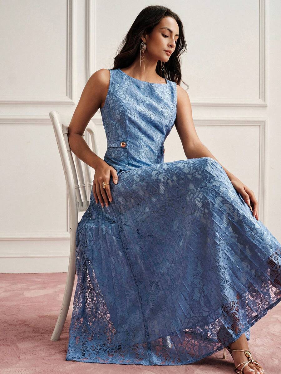 BELROSIE Elegant Intellectual Sleeveless Lace Top And Pleated Skirt 2 Pieces Set For Women Party Navy Blue Summer - Blue - View 1