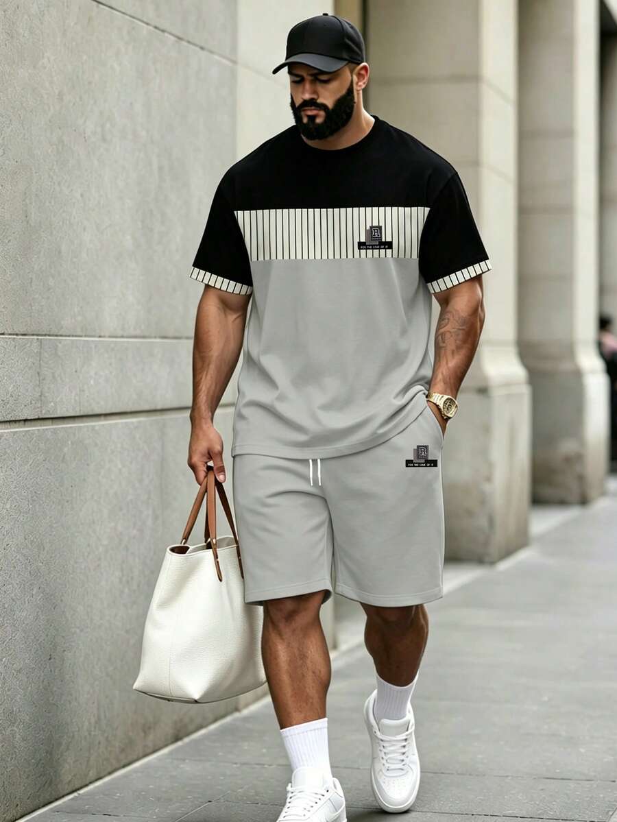 KRYTIVO Setelan Grafiti Ukuran Besar untuk Pria, Setelan 2 Potong Lengan Pendek & Celana Pendek Motif Raja Warna Kontras Hitam & Oranye, Pakaian Olahraga Kasual Streetwear Amerika dengan Potongan Longgar dan Melangsingkan - MultiWarna - View 1