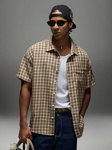 Sport MetroGents Men's Brown Plaid Short Sleeve Shirt,Single Pocket Classic Style For Summer,Streetwear,City Break,Back-To-School,Comfortable Fabric Versatile Top - Multicolor - View 9