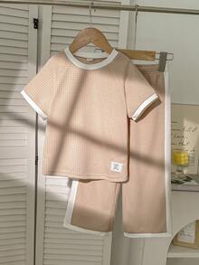 Elladie kids Jungmädchen Frühling/Sommer Lässig Mode Neues T-Shirt Set, geripptes Rundhals Raglanärmel T-Shirt Top mit einfarbiger lässiger langer Hose 2-teiliges Set, geeignet für Kleine Mädchen, amerikanischer Vintage, Premium minimalistisch, lässig bequem süß cool Outfit, geeignet für tägliches Tragen, Schule, Ausflüge, Urlaub, Sport, Partys, Feiertage, Frühling/Sommer - Aprikosenfarben - Übersicht 6