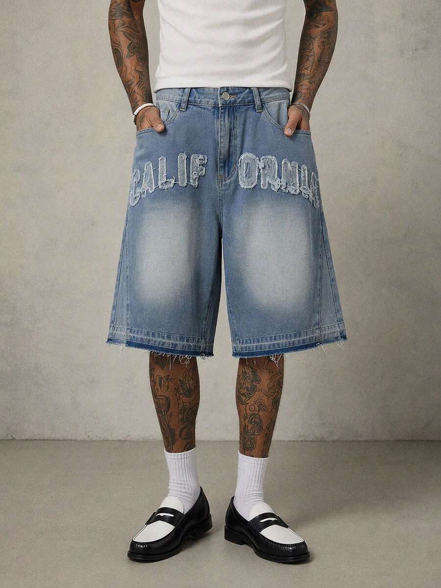 FRESIVO Pantalones de longitud media para hombre con lavado vintage, azul, patchwork, bordado y borlas - Azul - Ver 1