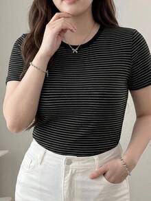 Dazy Plus Colorblock Striped Crew Neck Short Sleeve Slim Fit T-Shirt, Spring/Summer - Black - View 9