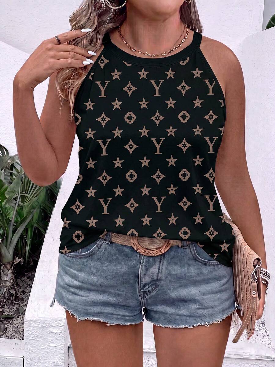 EMERY ROSE Fashionable Casual Retro Black Base Floral Print Plus Size Camisole - Multicolor - View 1