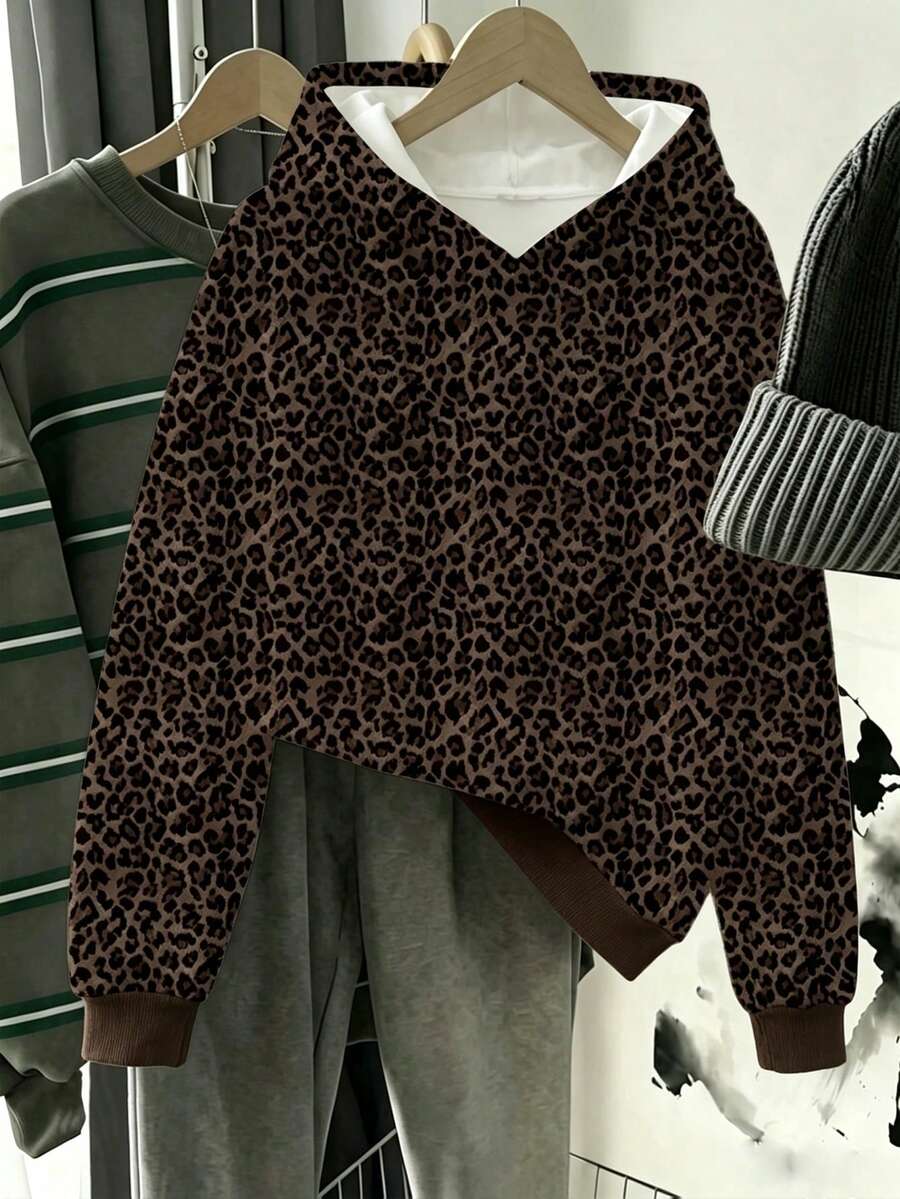 SHEIN 女童深棕色豹紋滿版連帽衛衣,街頭風舒適百搭休閒日常穿搭,適合秋冬 - 彩色 - 查看 1