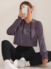 SHEIN Sovereign Charm 女款純色長袖抽繩連帽運動運動衫 - 淺灰紫 - 查看 1