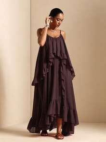 Vesra Gaun Camisole Longgar Wanita Warna Polos dengan Ruffle dan Hem Asimetris - Coklat - View 7