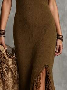 SHEIN Holidaya Damen Frühlings-/Sommer-Romantisch Sexy Reifer Stil Braun Tiefer V-Ausschnitt Neckholder Schulterfrei Seitenschlitz Quasten Design Slim Fit Lang Pullover Kleid, Juni Festival Damenbekleidung, Party Elegantes Kleid, Hochzeitsgast Kleid, Abschlussballkleid - Braun - Übersicht 6