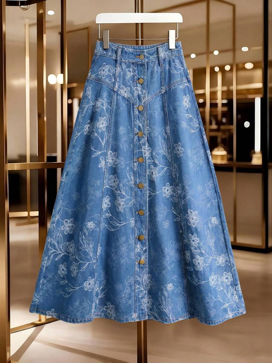 GlowEve 女款花卉印花單排扣休閒日常牛仔裙 - 藍色 - 查看 1