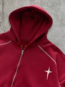 AXEPEAK 男士休閒度假舒適保暖戶外大學街頭風酒紅色連帽長袖開襟運動衫套裝 - 酒紅色 - 查看 4