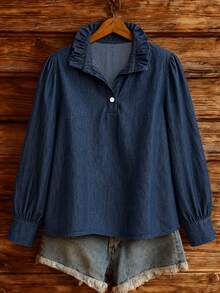 Linhara Plus Size Women's Casual Spring/Autumn Blouse, Minimalist Versatile Retro Style, Solid Color Lapel Loose Fit Shirt, Suitable For Spring/Autumn Wear - Blue - View 6