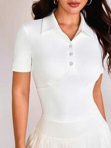 Sovereign Charm 女款素色修身百搭日常休閒運動短袖 Polo 衫 - 白色 - 查看 6