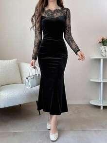 DAZY Women's Lace Patchwork Mermaid Midi Dress, Autumn Long Sleeve Dress - Black - View 12