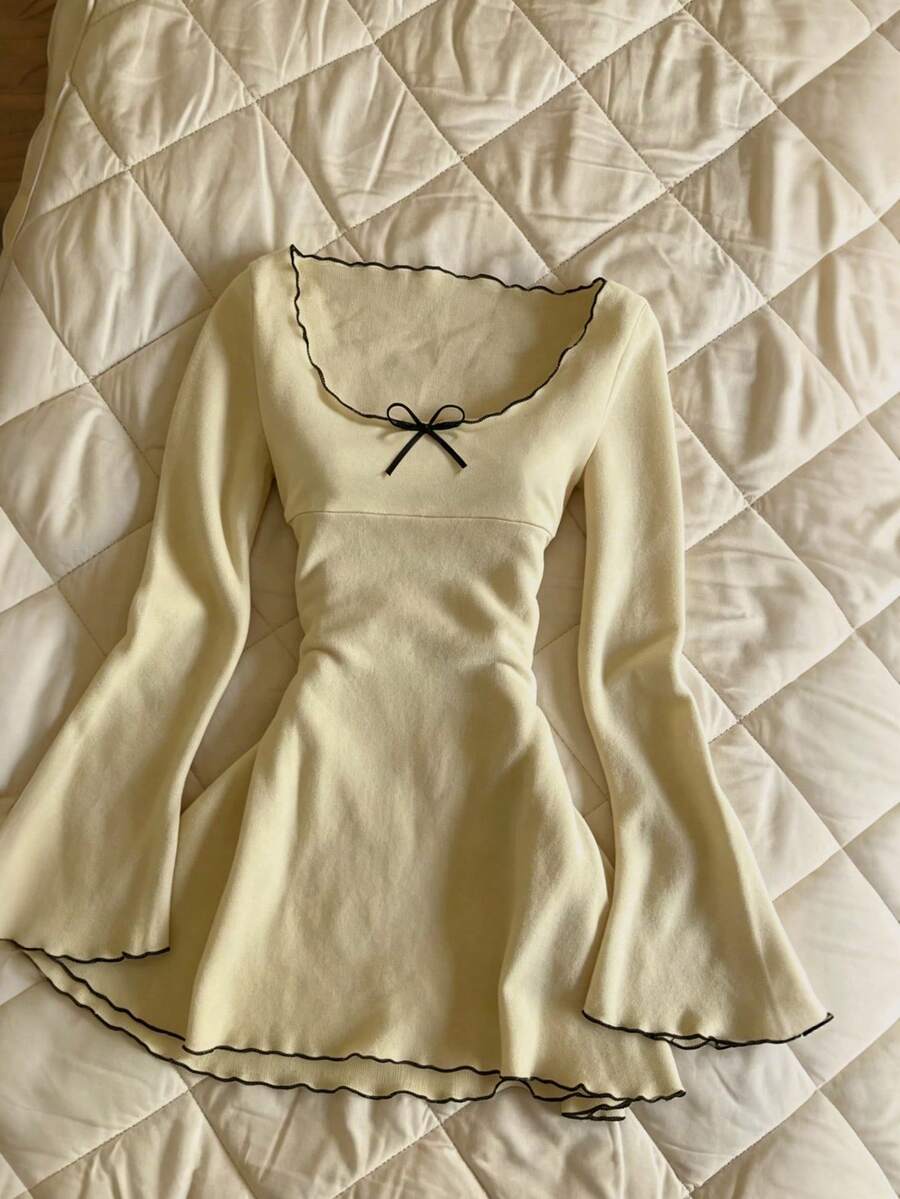 GlowEve Women's Bow Decor Contrast Color Casual Party & Travel Dress - Pale Yellow - View 1
